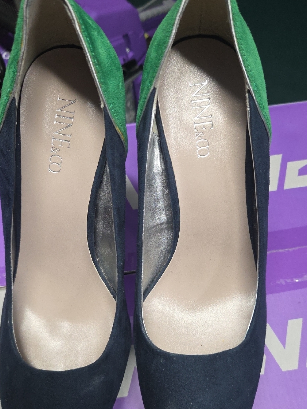 Nine&Co. Navy Suede Heels with Green And Royal Blue  Accent. - Picture 5 of 5